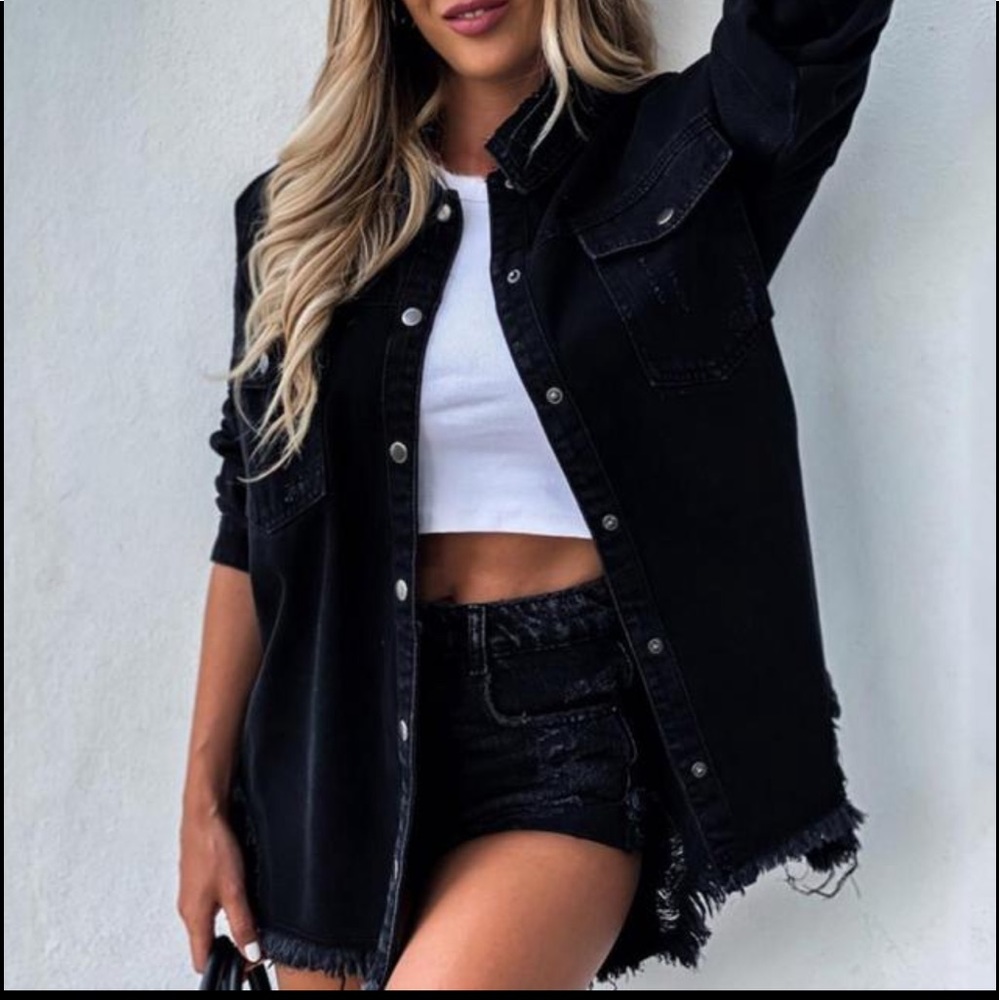 Shein Black Destroyed Denim Button Up Jacket, M